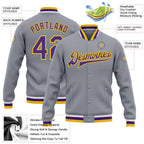 Custom Gray Purple-Gold Bomber Full-Snap Varsity Letterman Jacket photo 5