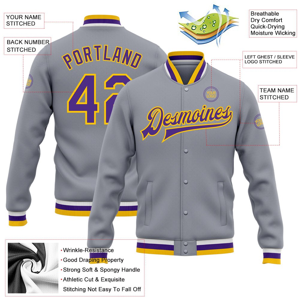 Custom Gray Purple-Gold Bomber Full-Snap Varsity Letterman Jacket photo 5