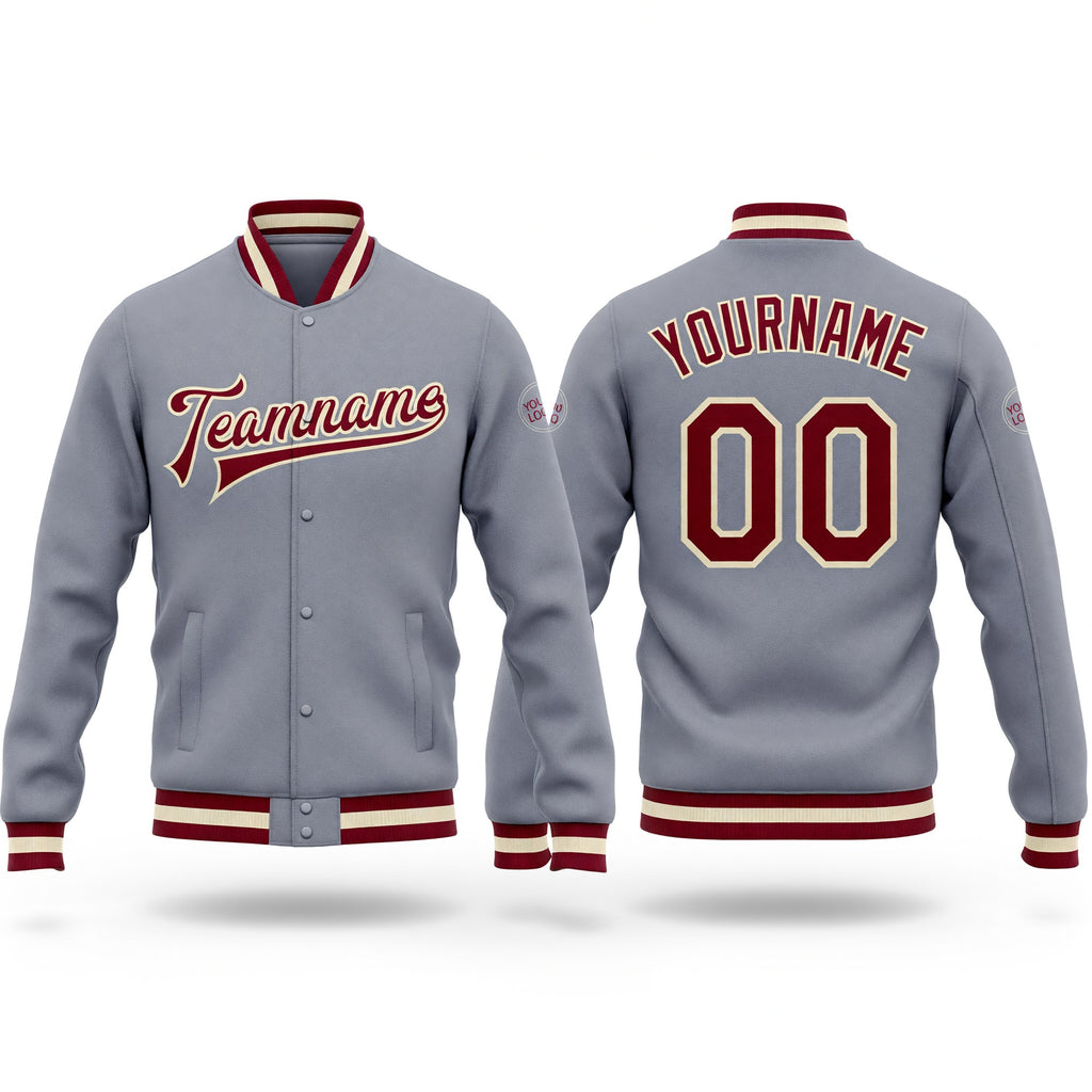 Custom Gray Maroon-Cream Bomber Full-Snap Varsity Letterman Jacket