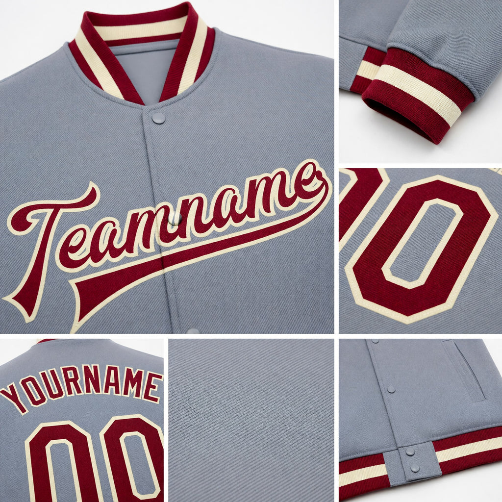 Custom Gray Maroon-Cream Bomber Full-Snap Varsity Letterman Jacket detail