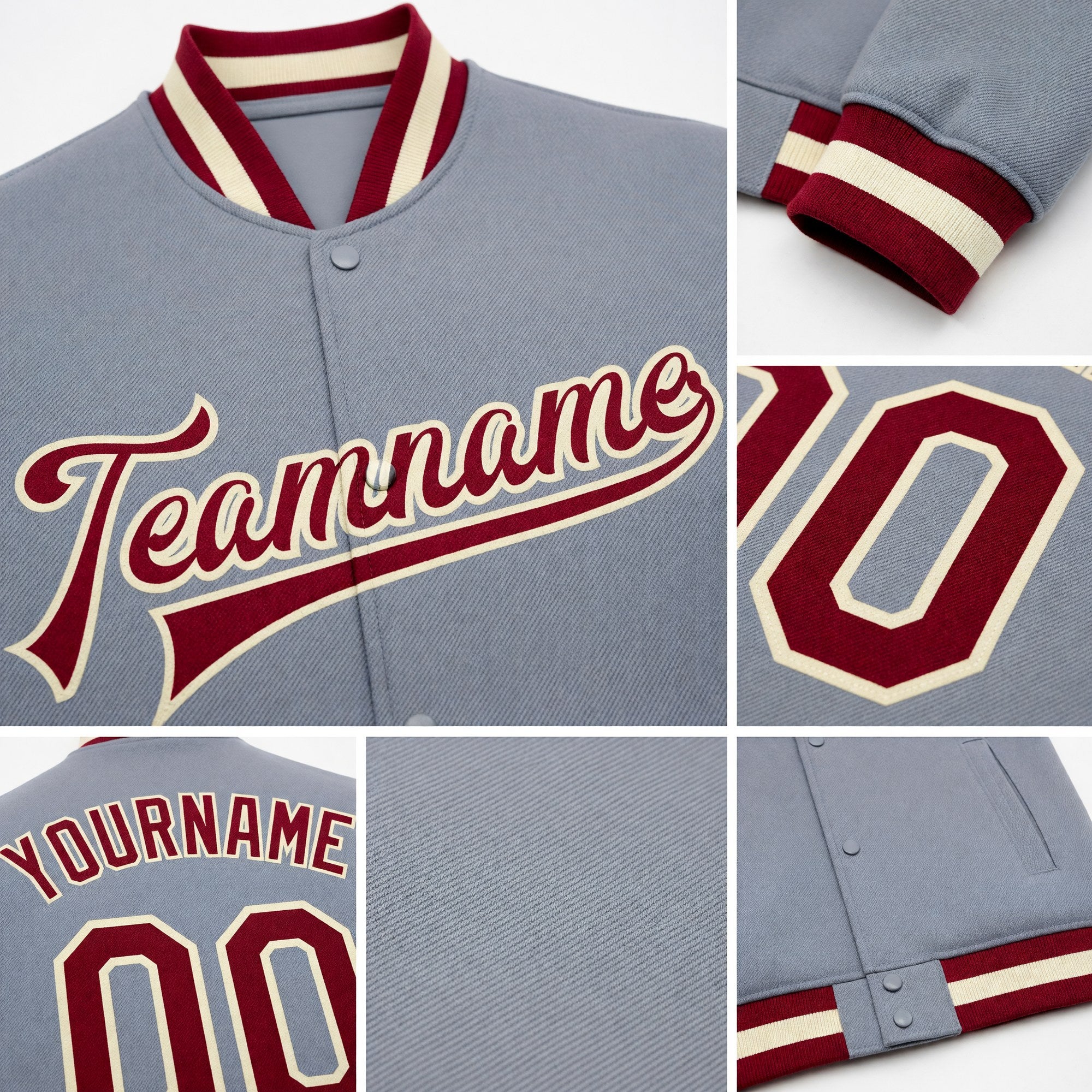 Custom Gray Maroon-Cream Bomber Full-Snap Varsity Letterman Jacket detail