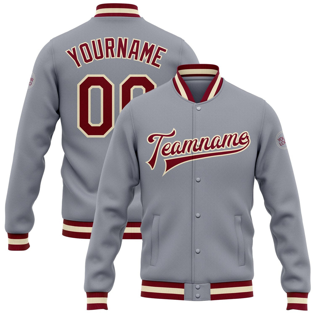 Custom Gray Maroon-Cream Bomber Full-Snap Varsity Letterman Jacket photo 1