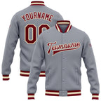 Custom Gray Maroon-Cream Bomber Full-Snap Varsity Letterman Jacket photo 1
