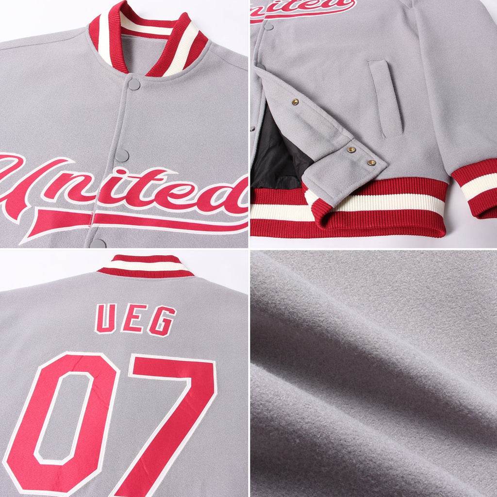 Custom Gray Maroon-Cream Bomber Full-Snap Varsity Letterman Jacket photo 4