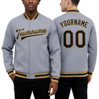 Custom Gray Black-Old Gold Bomber Full-Snap Varsity Letterman Jacket worn front and back