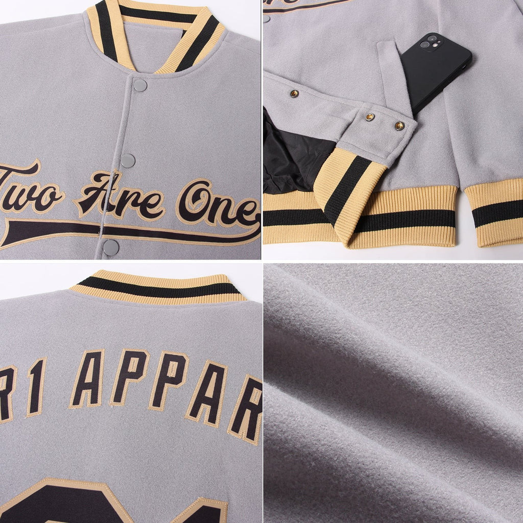 Custom Gray Black-Old Gold Bomber Full-Snap Varsity Letterman Jacket photo 4