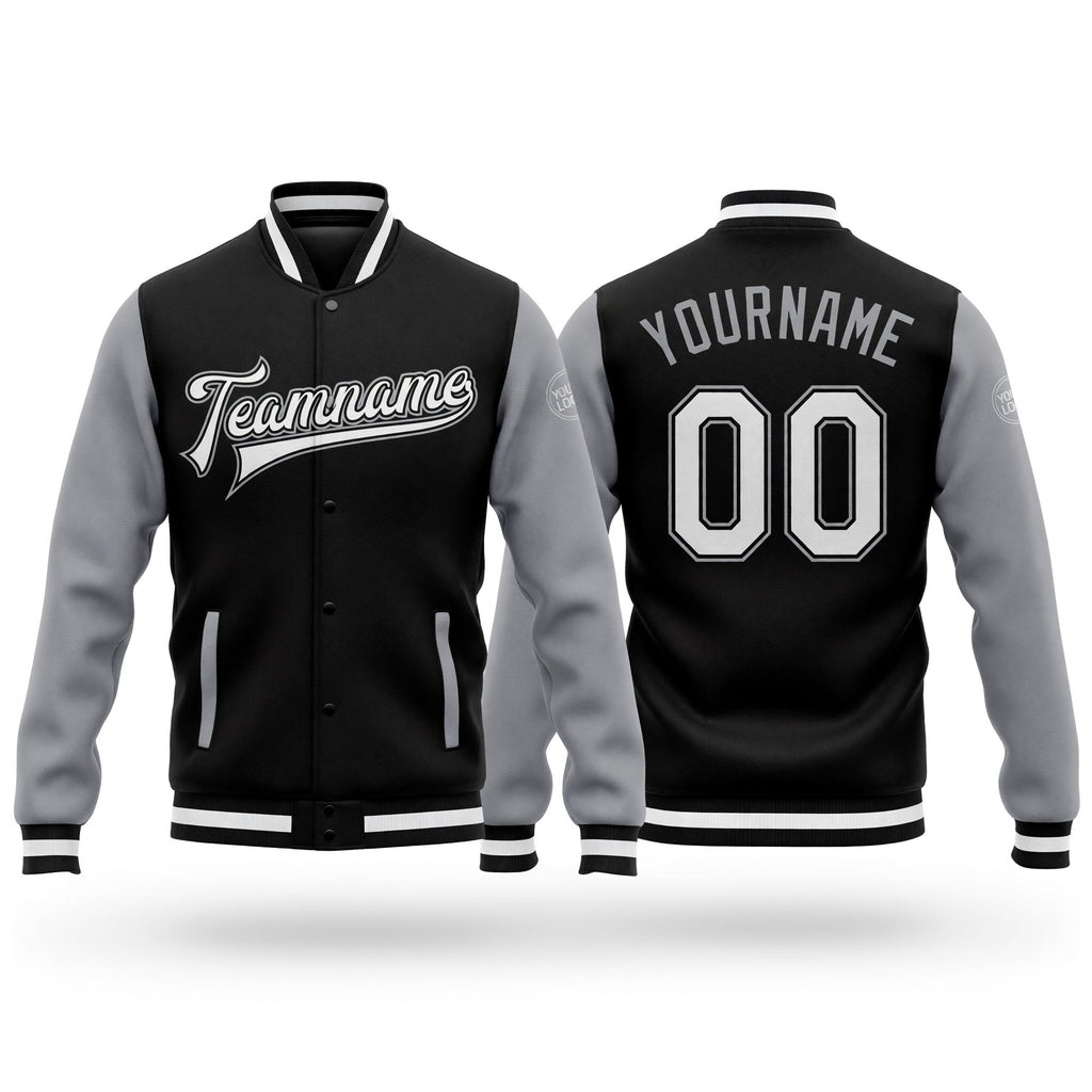 Custom Black White-Gray Bomber Full-Snap Varsity Letterman Two Tone Jacket