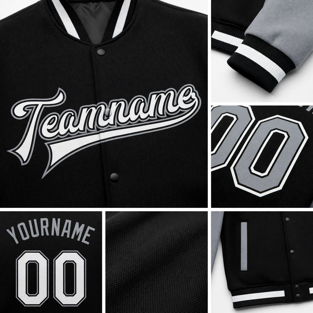 Custom Black White-Gray Bomber Full-Snap Varsity Letterman Two Tone Jacket detail