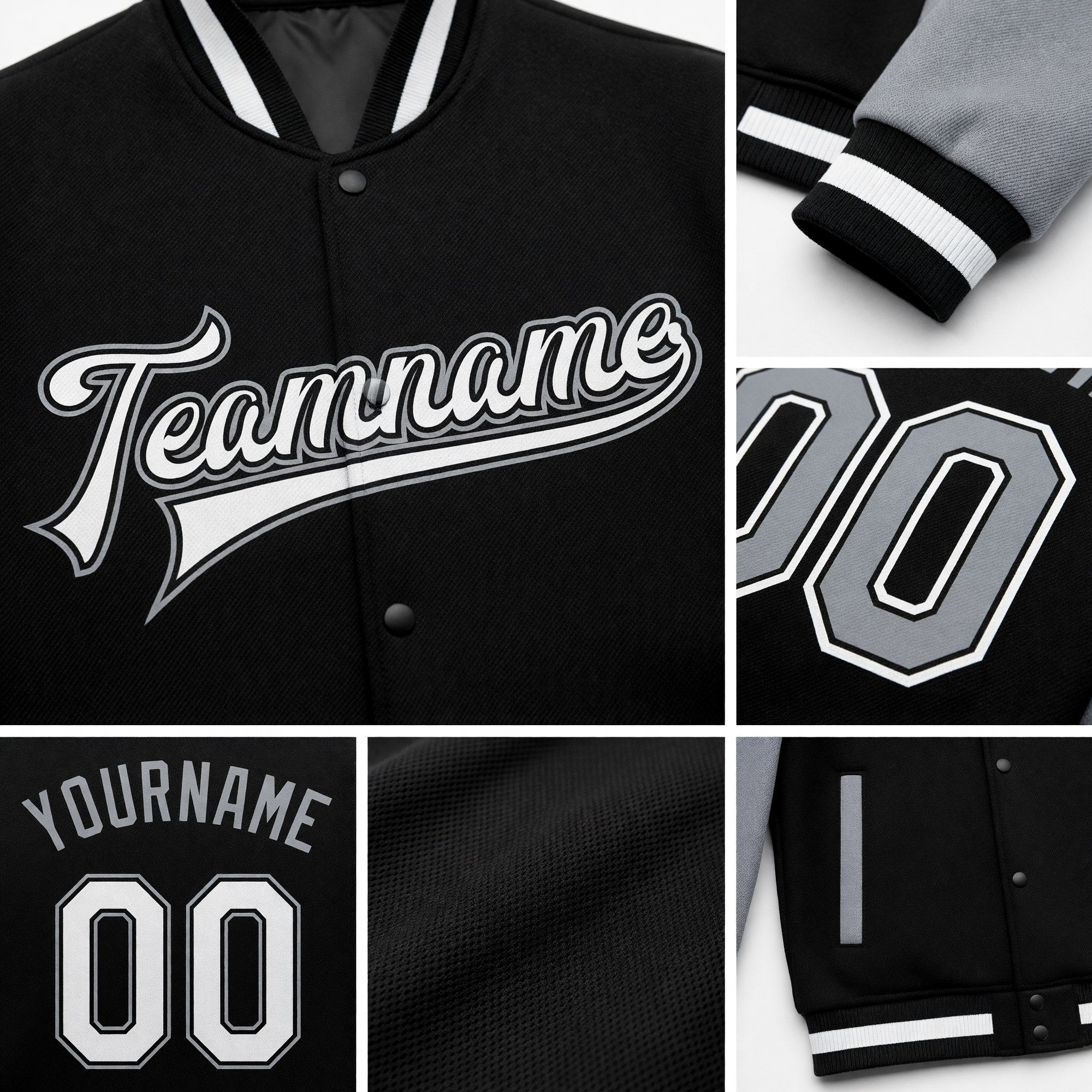 Custom Black White-Gray Bomber Full-Snap Varsity Letterman Two Tone Jacket detail