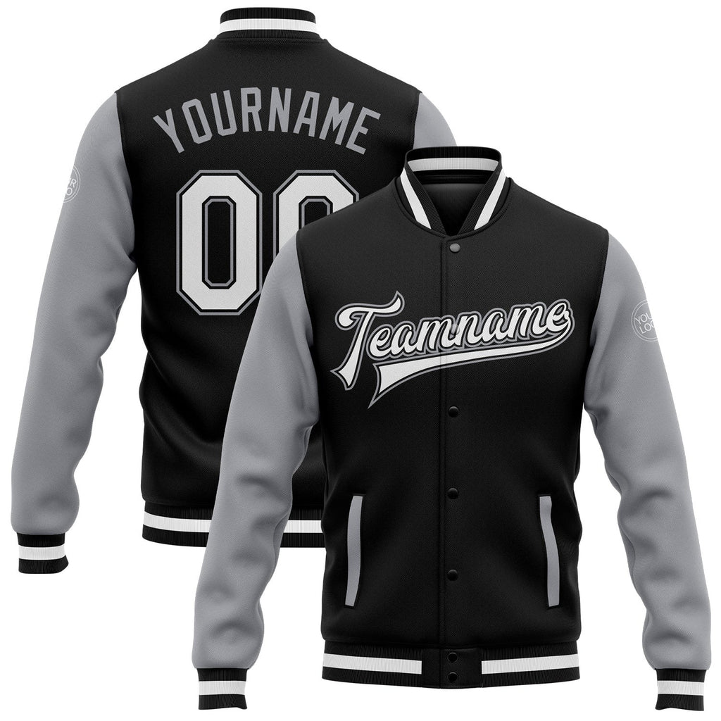 Custom Black White-Gray Bomber Full-Snap Varsity Letterman Two Tone Jacket photo 1