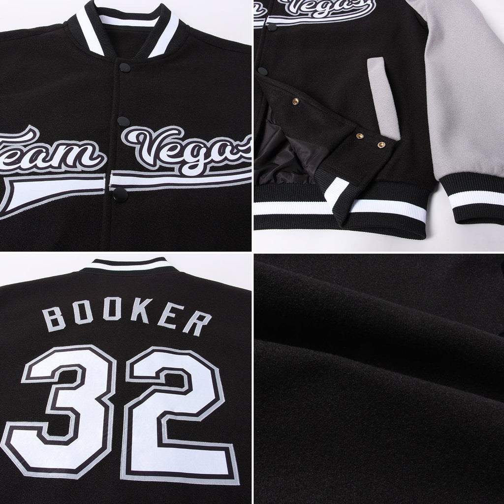 Custom Black White-Gray Bomber Full-Snap Varsity Letterman Two Tone Jacket photo 4
