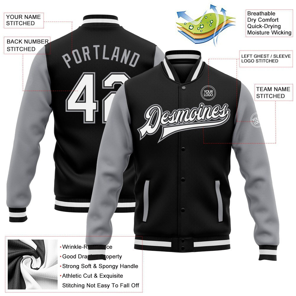 Custom Black White-Gray Bomber Full-Snap Varsity Letterman Two Tone Jacket photo 5