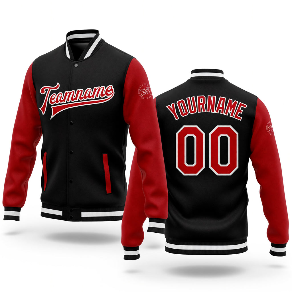 Custom Black Red-White Bomber Full-Snap Varsity Letterman Two Tone Jacket