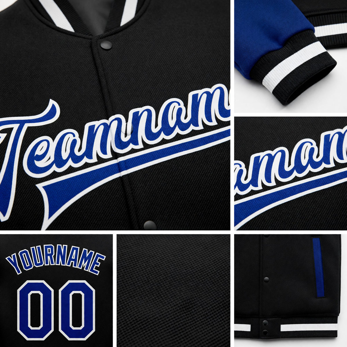 Custom Black Royal-White Bomber Full-Snap Varsity Letterman Two Tone Jacket detail