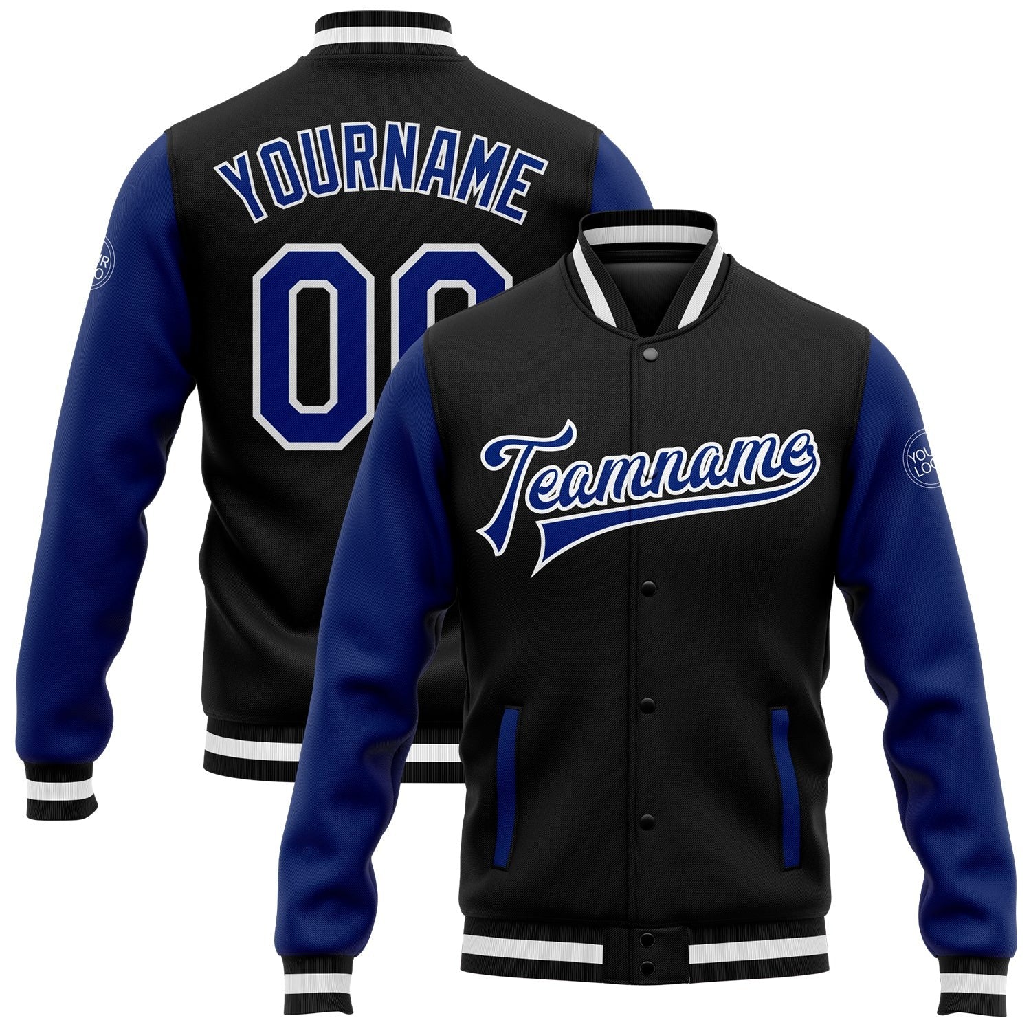Custom Black Royal-White Bomber Full-Snap Varsity Letterman Two Tone Jacket photo 1