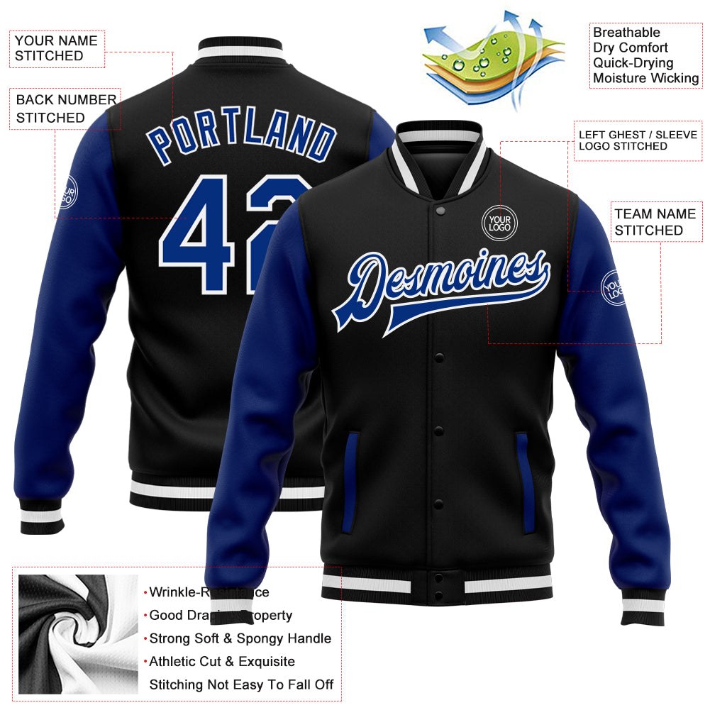Custom Black Royal-White Bomber Full-Snap Varsity Letterman Two Tone Jacket photo 5