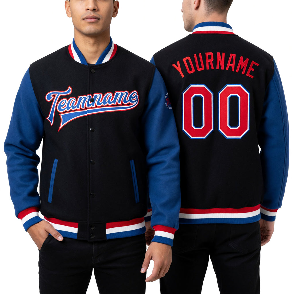 Custom Black Red-Royal Bomber Full-Snap Varsity Letterman Two Tone Jacket worn front and back
