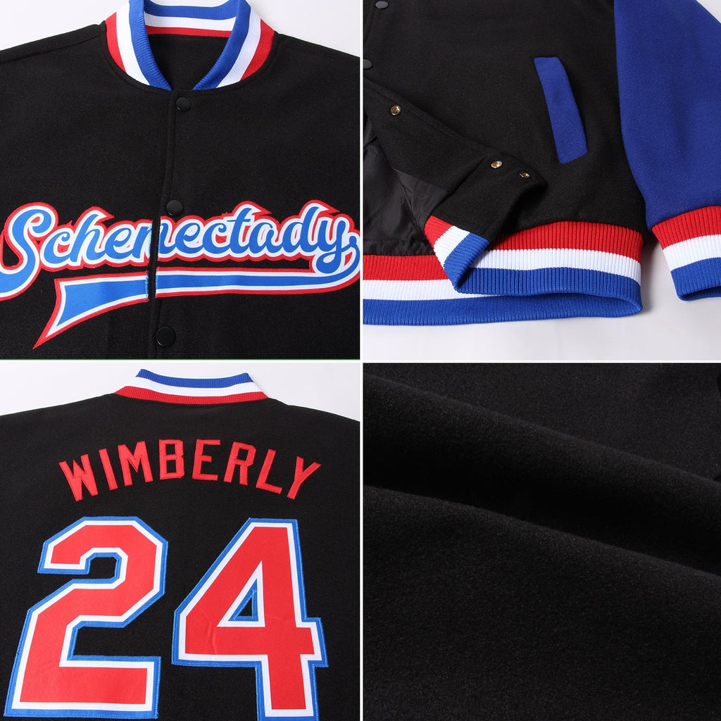 Custom Black Red-Royal Bomber Full-Snap Varsity Letterman Two Tone Jacket photo 4