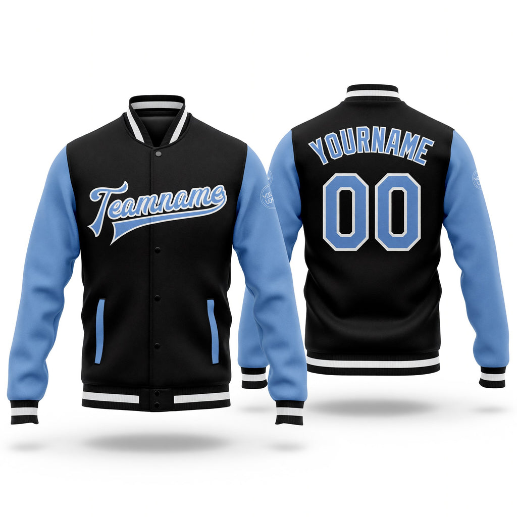 Custom Black Light Blue-White Bomber Full-Snap Varsity Letterman Two Tone Jacket