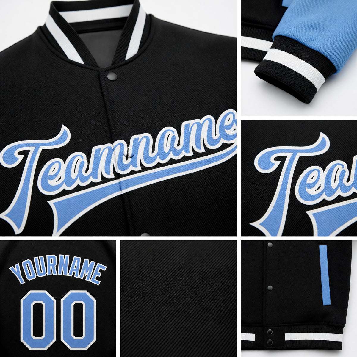 Custom Black Light Blue-White Bomber Full-Snap Varsity Letterman Two Tone Jacket detail