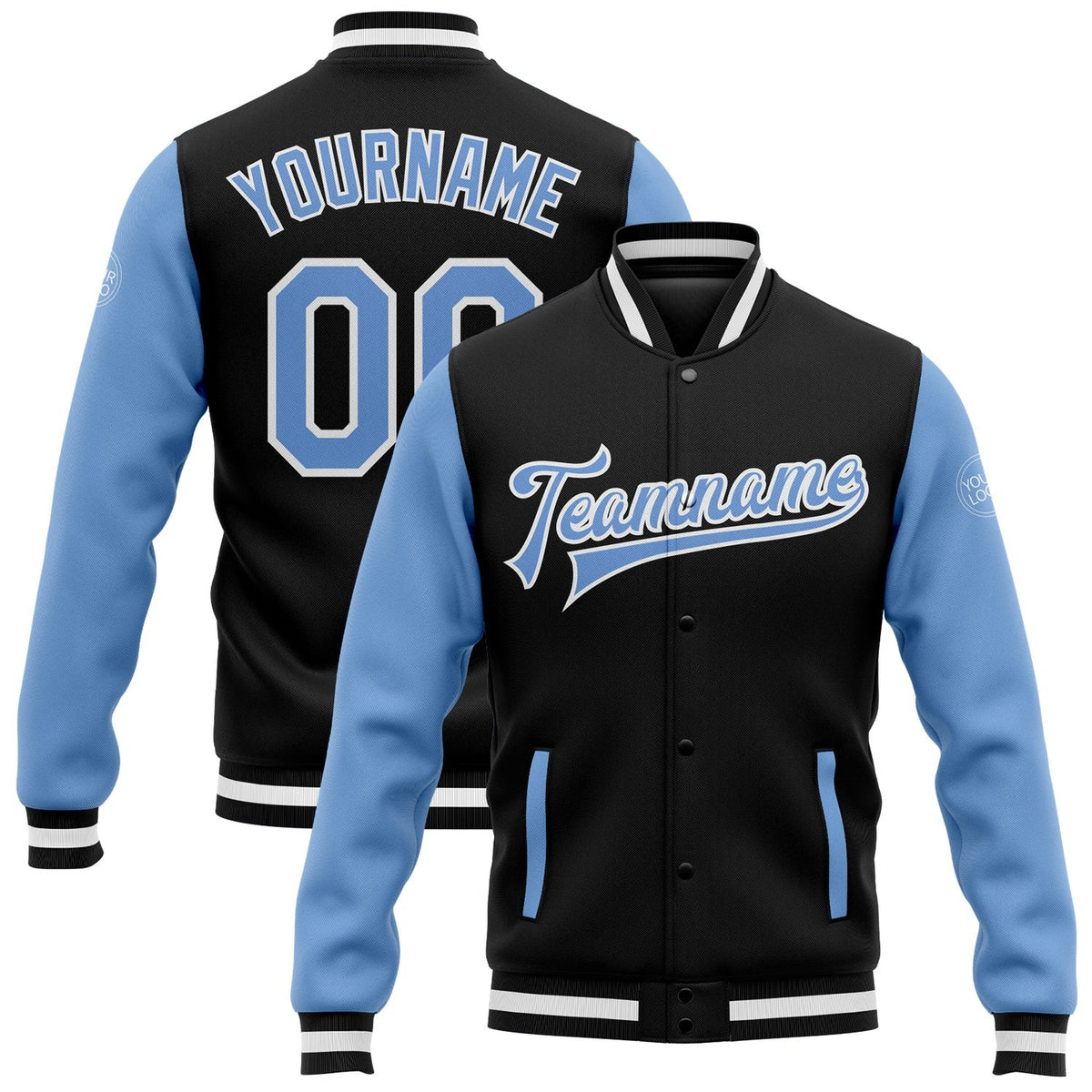Custom Black Light Blue-White Bomber Full-Snap Varsity Letterman Two Tone Jacket photo 1