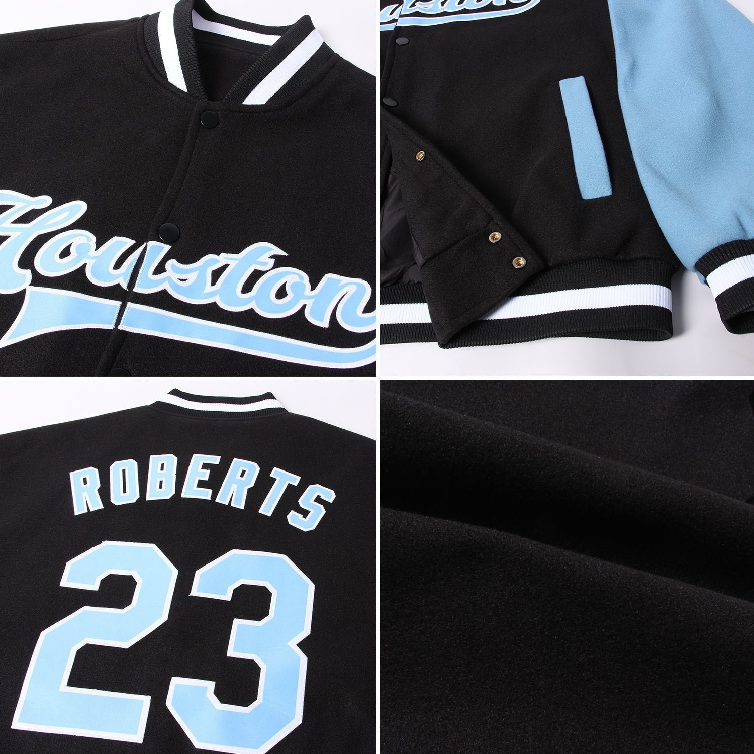 Custom Black Light Blue-White Bomber Full-Snap Varsity Letterman Two Tone Jacket photo 4