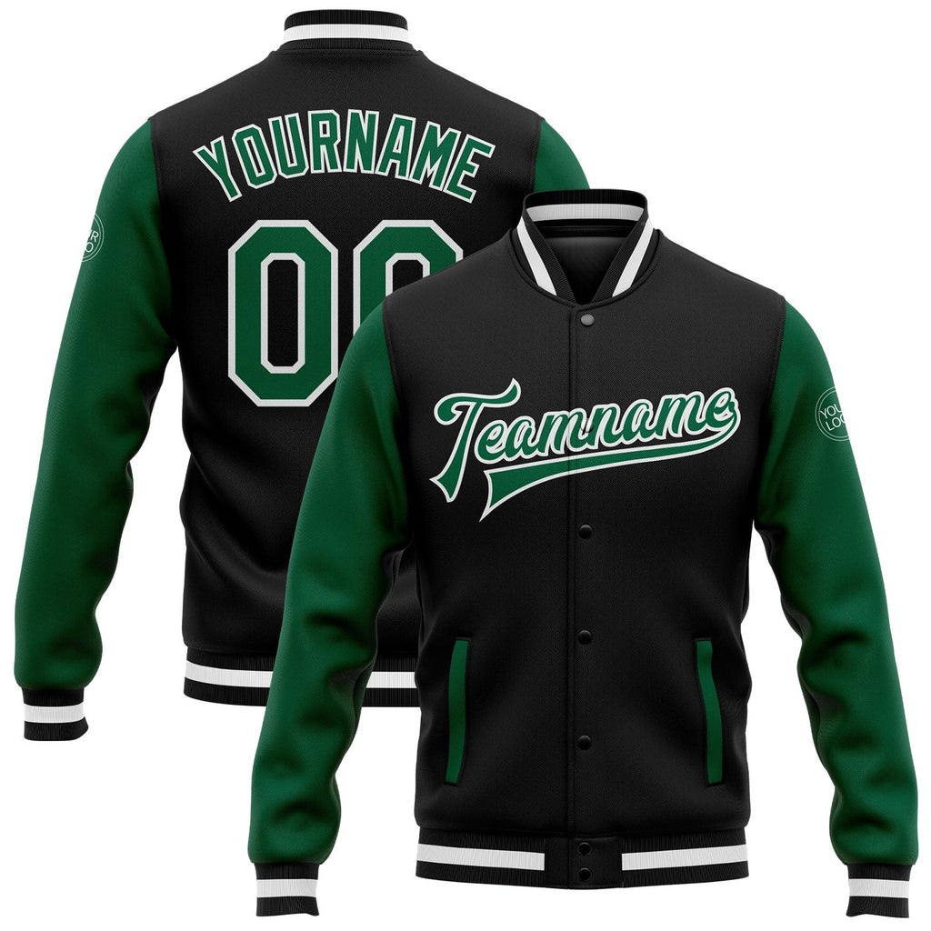 Custom Black Kelly Green-White Bomber Full-Snap Varsity Letterman Two Tone Jacket photo 1