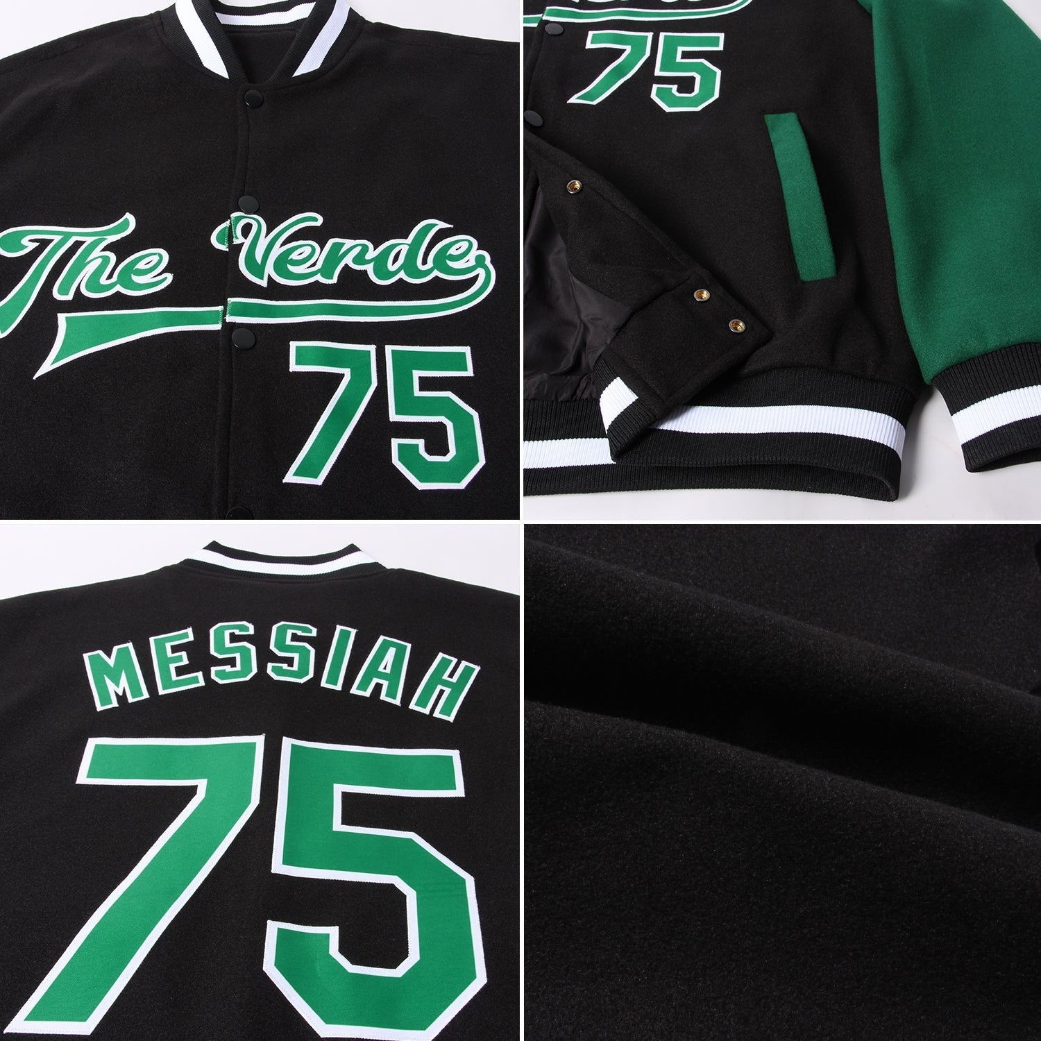 Custom Black Kelly Green-White Bomber Full-Snap Varsity Letterman Two Tone Jacket photo 4