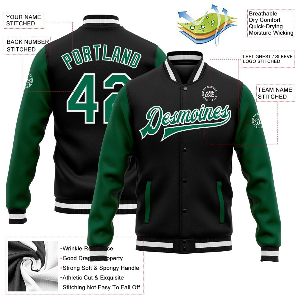 Custom Black Kelly Green-White Bomber Full-Snap Varsity Letterman Two Tone Jacket photo 5