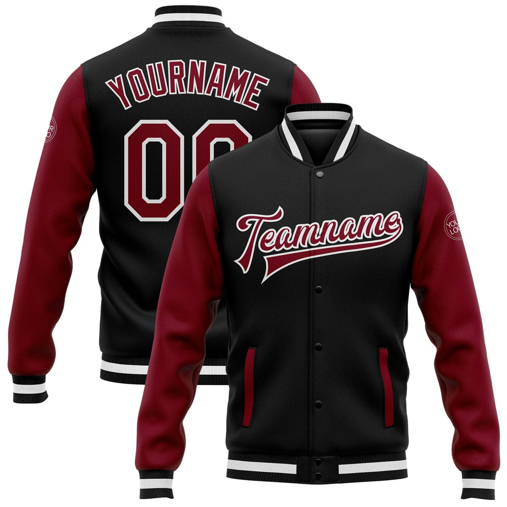 Custom Black Crimson-White Bomber Full-Snap Varsity Letterman Two Tone Jacket photo 1