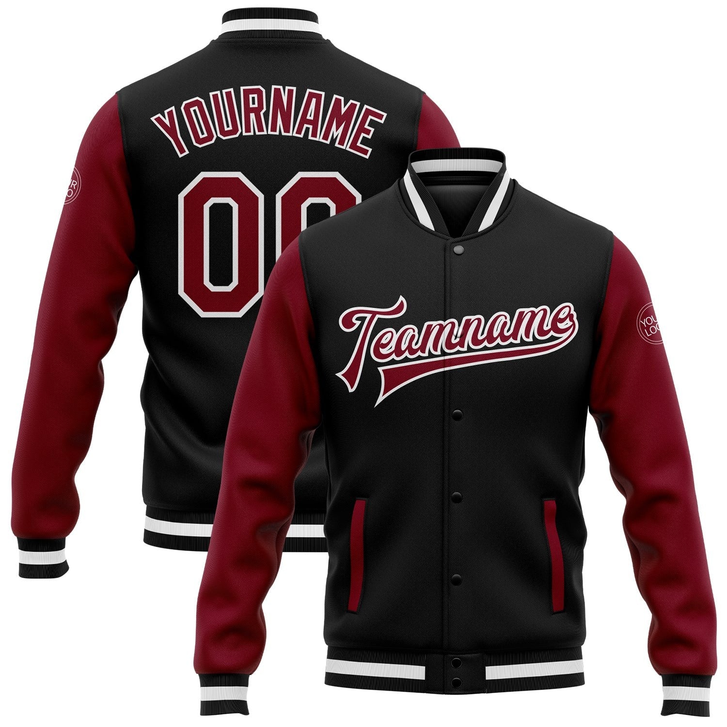 Custom Black Crimson-White Bomber Full-Snap Varsity Letterman Two Tone Jacket photo 1