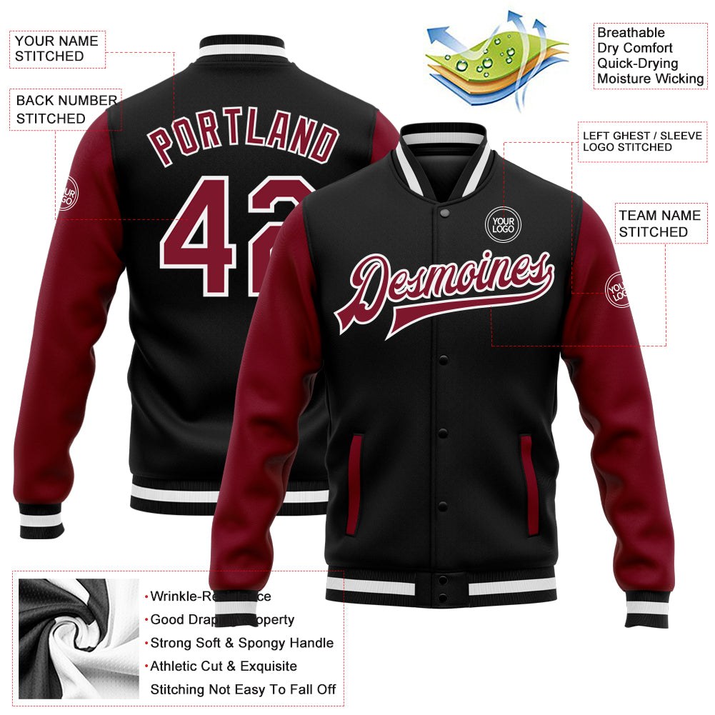 Custom Black Crimson-White Bomber Full-Snap Varsity Letterman Two Tone Jacket photo 5