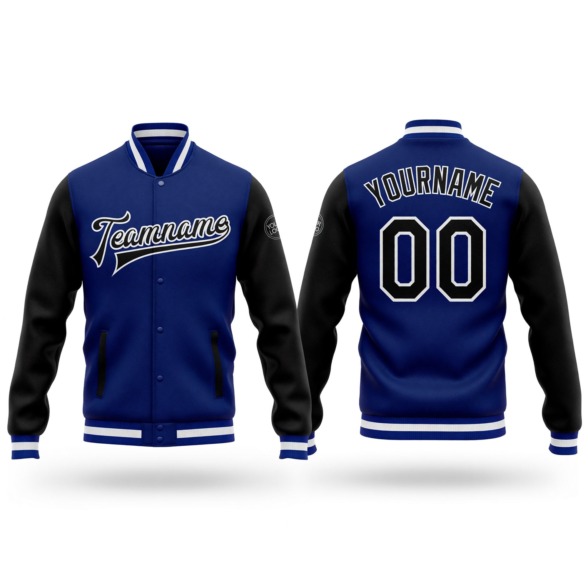 Custom Royal Black-White Bomber Full-Snap Varsity Letterman Two Tone Jacket
