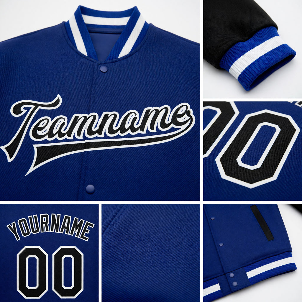 Custom Royal Black-White Bomber Full-Snap Varsity Letterman Two Tone Jacket detail