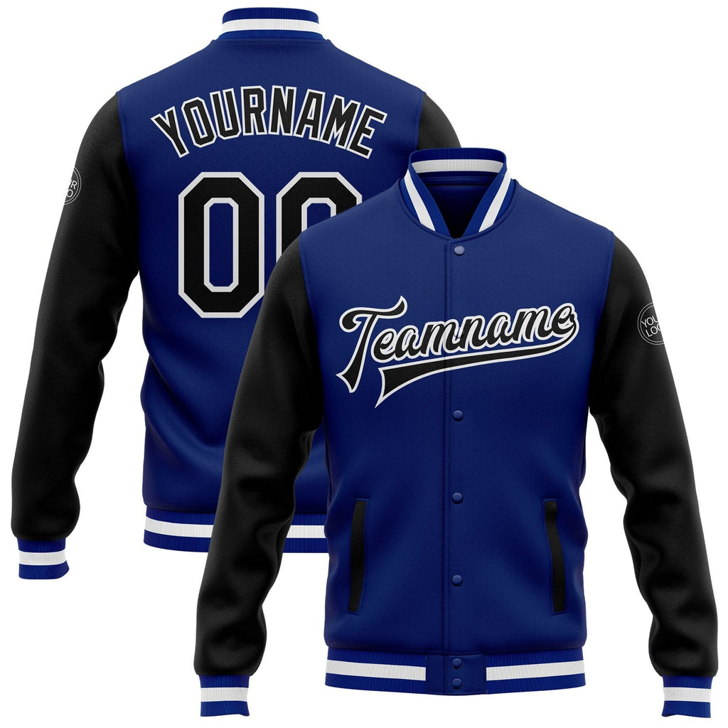 Custom Royal Black-White Bomber Full-Snap Varsity Letterman Two Tone Jacket photo 1