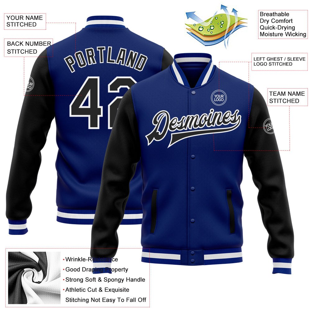 Custom Royal Black-White Bomber Full-Snap Varsity Letterman Two Tone Jacket photo 5