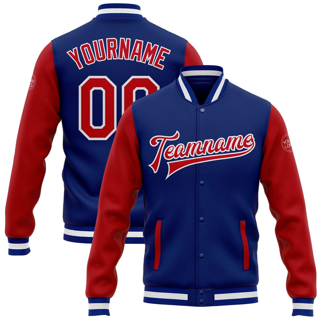 Custom Royal Red-White Bomber Full-Snap Varsity Letterman Two Tone Jacket photo 1
