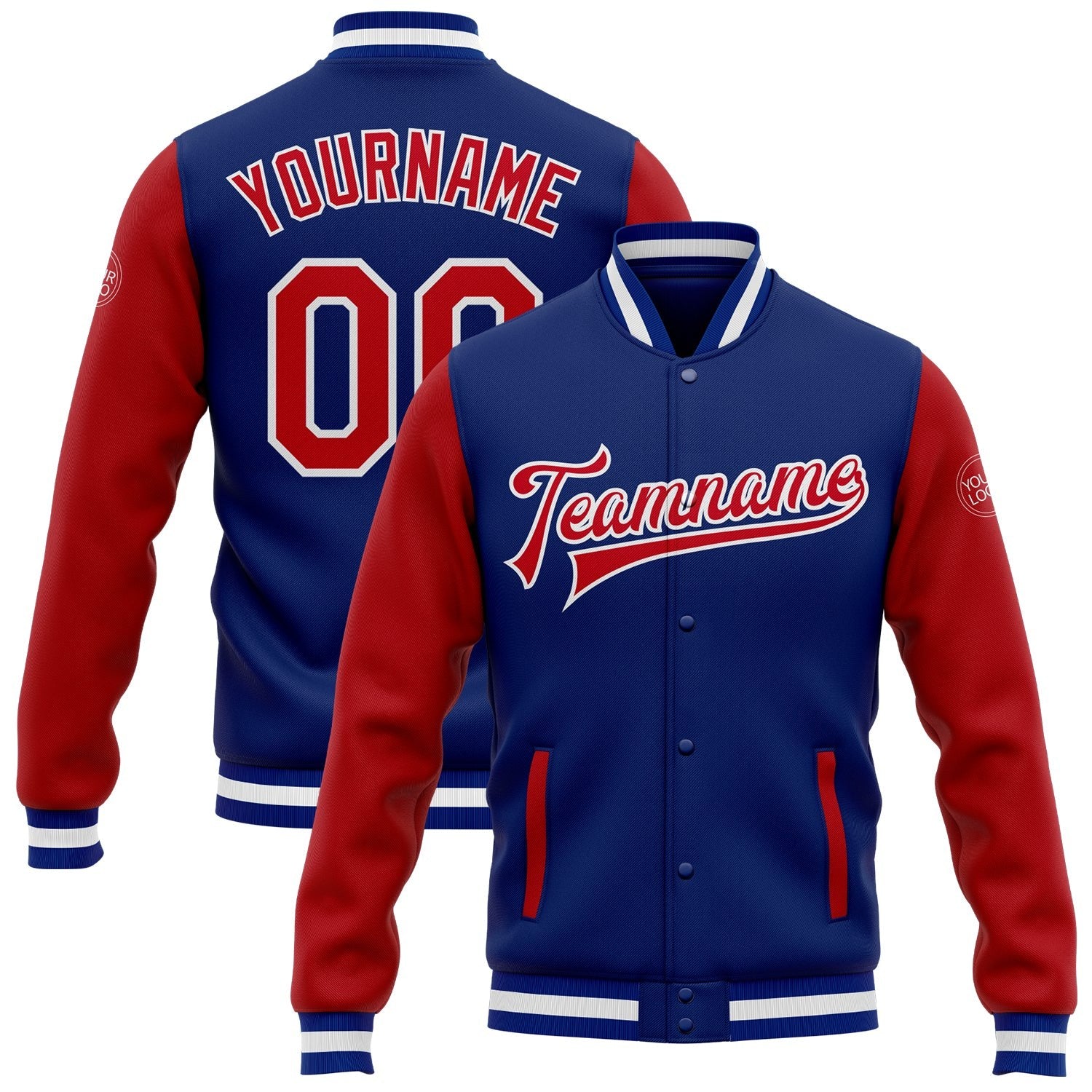 Custom Royal Red-White Bomber Full-Snap Varsity Letterman Two Tone Jacket photo 1