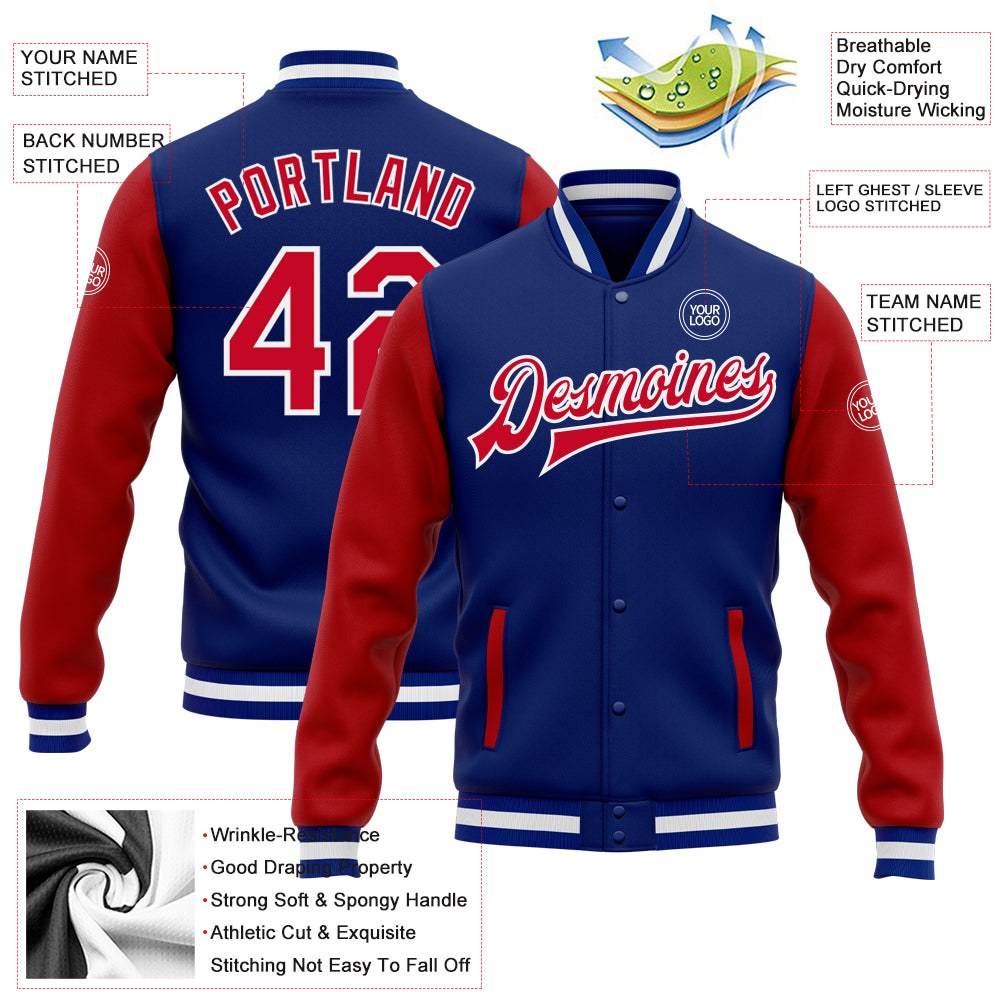 Custom Royal Red-White Bomber Full-Snap Varsity Letterman Two Tone Jacket photo 5