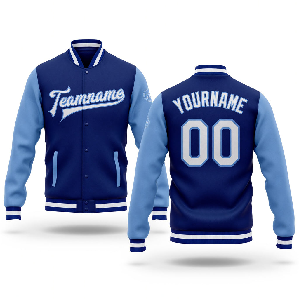 Custom Royal White-Light Blue Bomber Full-Snap Varsity Letterman Two Tone Jacket