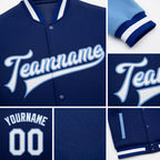 Custom Royal White-Light Blue Bomber Full-Snap Varsity Letterman Two Tone Jacket detail