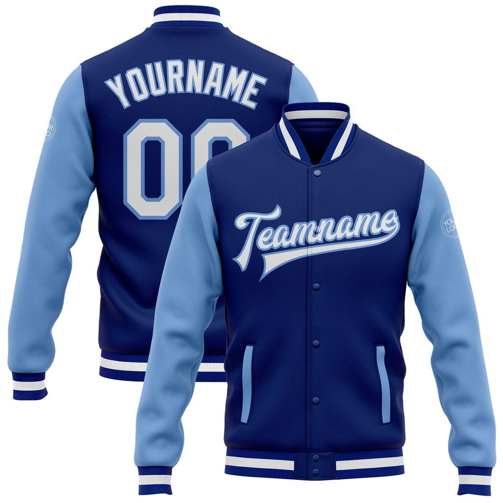 Custom Royal White-Light Blue Bomber Full-Snap Varsity Letterman Two Tone Jacket photo 1