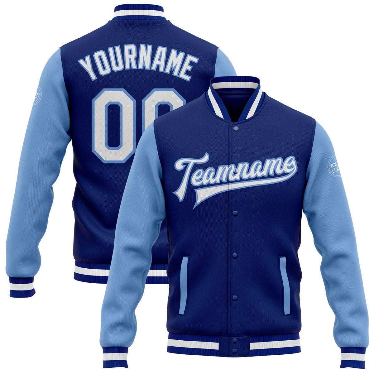 Custom Royal White-Light Blue Bomber Full-Snap Varsity Letterman Two Tone Jacket photo 1