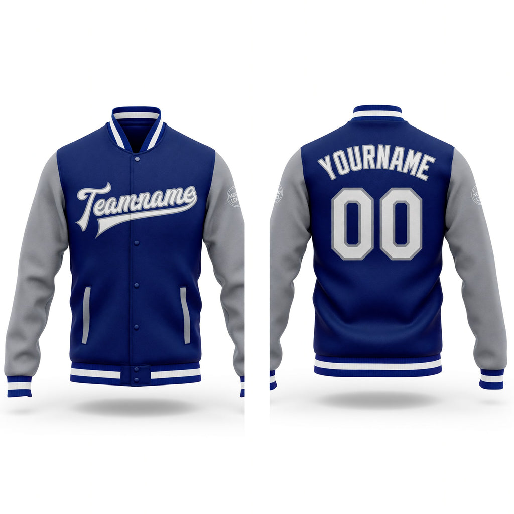 Custom Royal White-Gray Bomber Full-Snap Varsity Letterman Two Tone Jacket