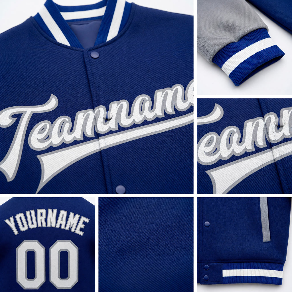 Custom Royal White-Gray Bomber Full-Snap Varsity Letterman Two Tone Jacket detail
