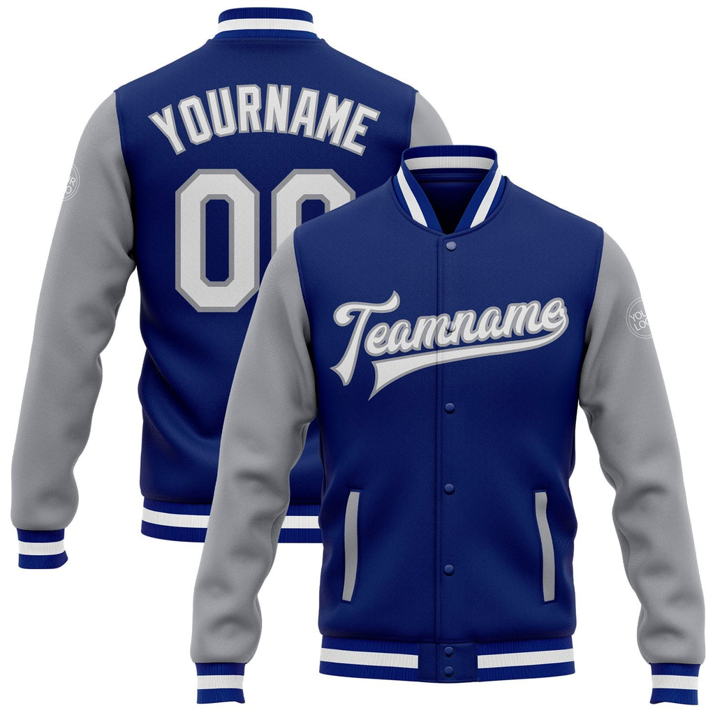 Custom Royal White-Gray Bomber Full-Snap Varsity Letterman Two Tone Jacket photo 1