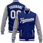 Custom Royal White-Gray Bomber Full-Snap Varsity Letterman Two Tone Jacket photo 1