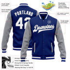 Custom Royal White-Gray Bomber Full-Snap Varsity Letterman Two Tone Jacket photo 5