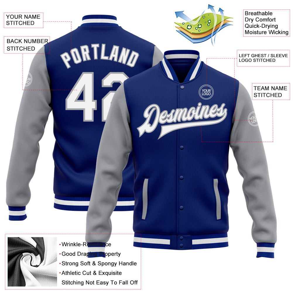 Custom Royal White-Gray Bomber Full-Snap Varsity Letterman Two Tone Jacket photo 5