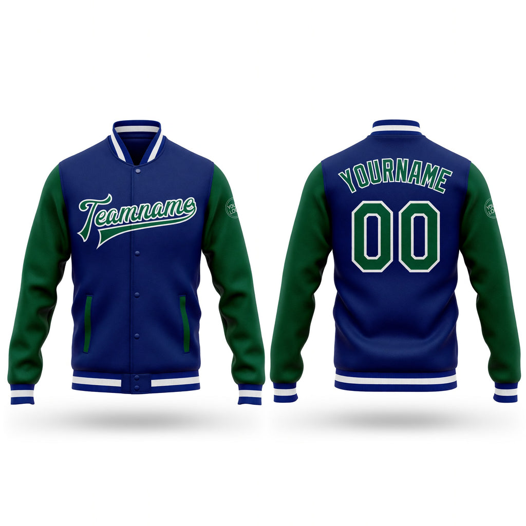 Custom Royal Kelly Green-White Bomber Full-Snap Varsity Letterman Two Tone Jacket
